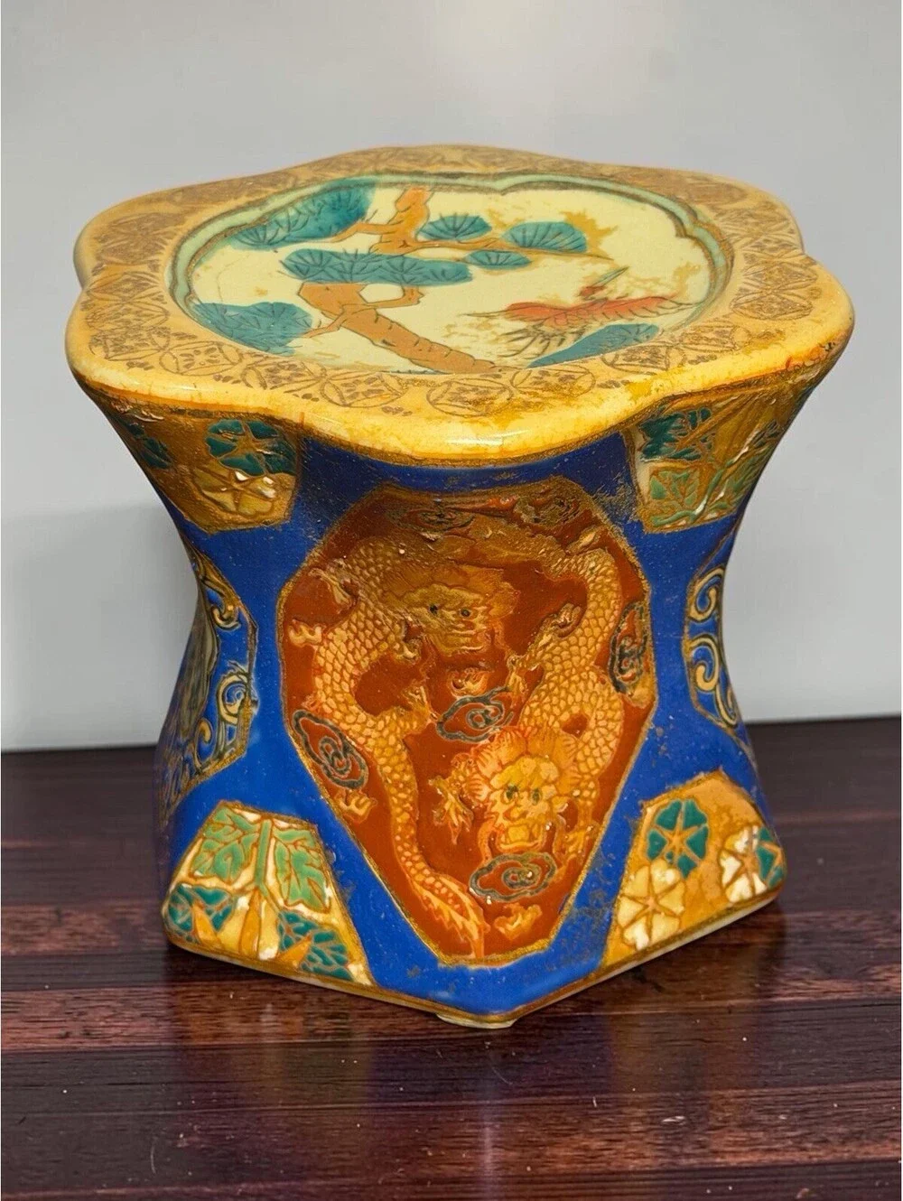Vintage China Neiman Marcus Pillar Candle Holder Satsuma Style Dragon Crane 5”